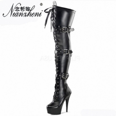 Belt-buckle nightclub model stage pole dancing performance boots 15 cm high heel thigh-high boots