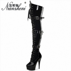 Belt-buckle nightclub model stage pole dancing performance boots 15 cm high heel thigh-high boots